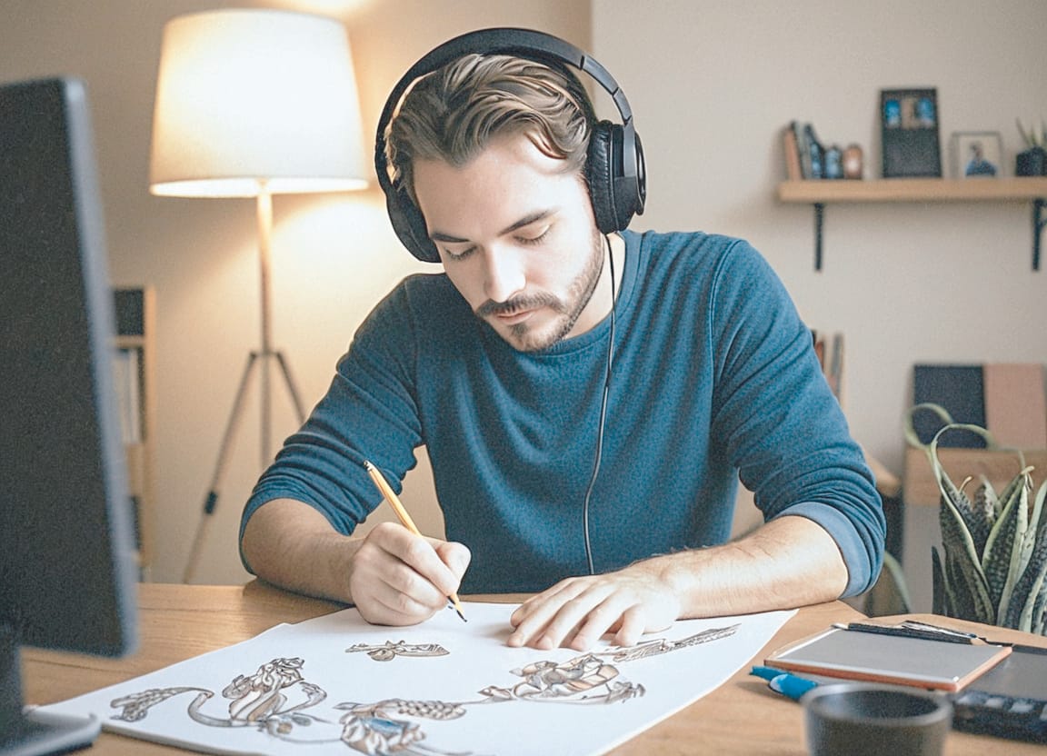 Focused and Happy Man doing artwork